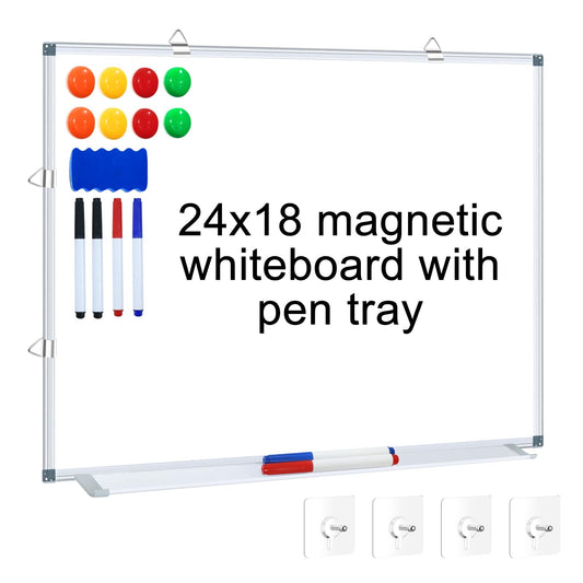 Magnetic Whiteboard 24" x 18" Dry Erase White Board for Wall, Hanging Mounted Whiteboard with Aluminum Marker Tray