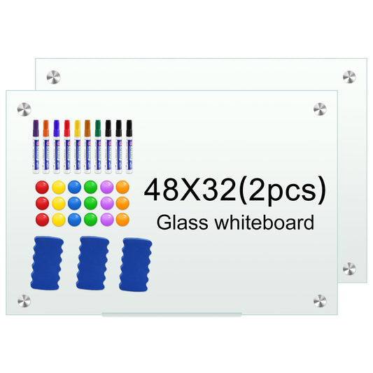 Glass White Board for Wall Dry Erase Board 48" x 32" (2pcs) Magnetic Presentation Whiteboard for Home, Office and School