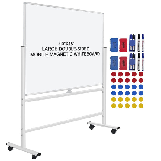 60"x48" Mobile Whiteboard Double-Sided Magnetic Dry Erase Board on Wheels - Comercial Rolling White Boards with Sturdy Stand for Home, Office & School