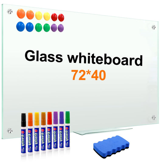 Dry Erase White Board for Wall 72"x40" Magnetic Glass Frameless Whiteboard Mount for Home School Supplies or Home Office Decor, Includes 8 Magnets, 8 Markers and 2 Erasers