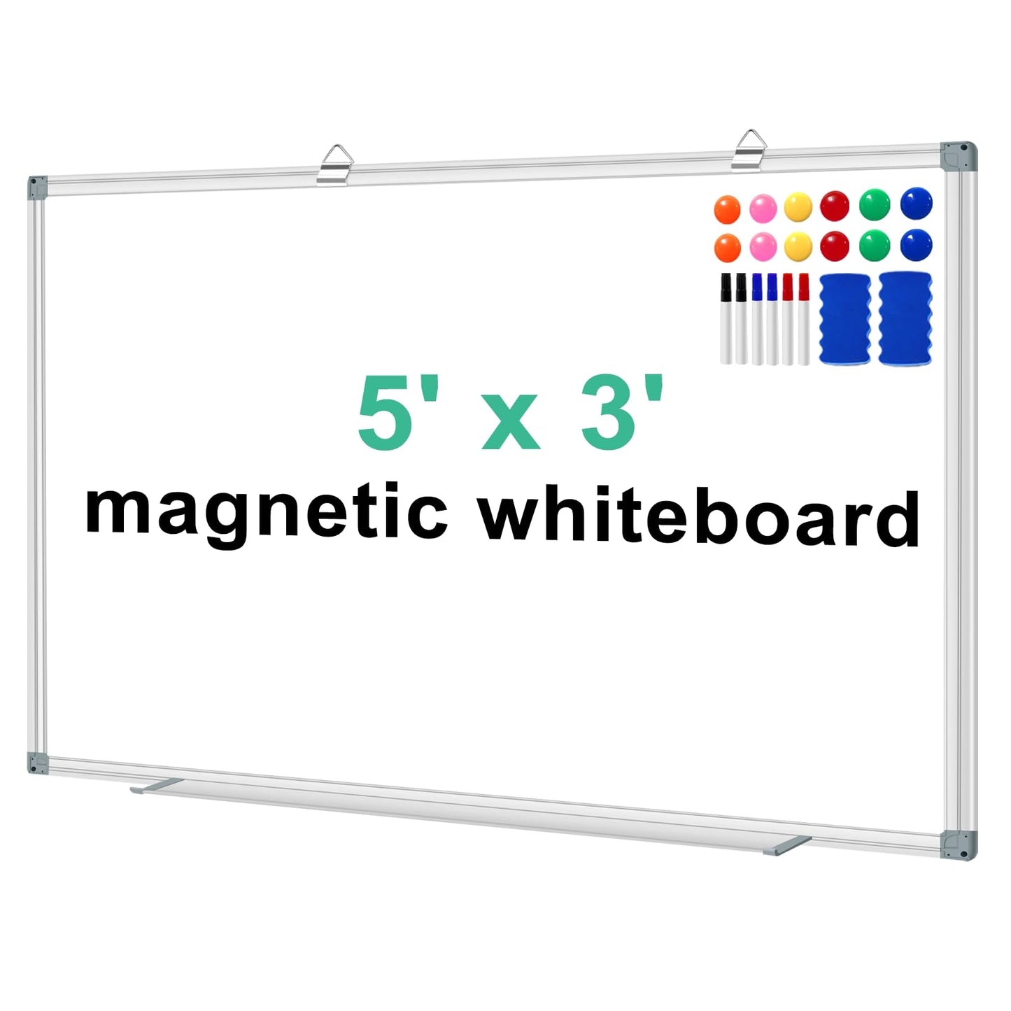 White Board Dry Erase Whiteboard for Wall 5' x 3' Magnetic Whiteboard - 60"x36" Aluminum Presentation Large Whiteboard with Long Pen Tray, 6 Markers, 2 Erasers &12 Magnets