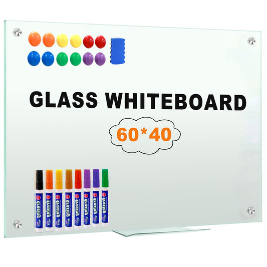 Glass Whiteboard 60"x40" Magnetic Dry Erase White Board for Wall, Includes 12 Magnets, 8 Markers and 2 Erasers