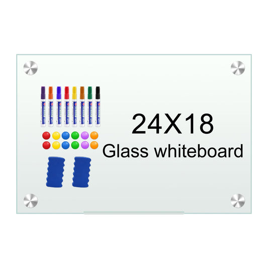 White Board 24”x18“ Magnet Dry Erase Boards Frameless Magnetic Glass Whiteboard for Wall, Wall Mounted Whiteboard Includes 12 Magnets, 8 Markers and 2 Erasers