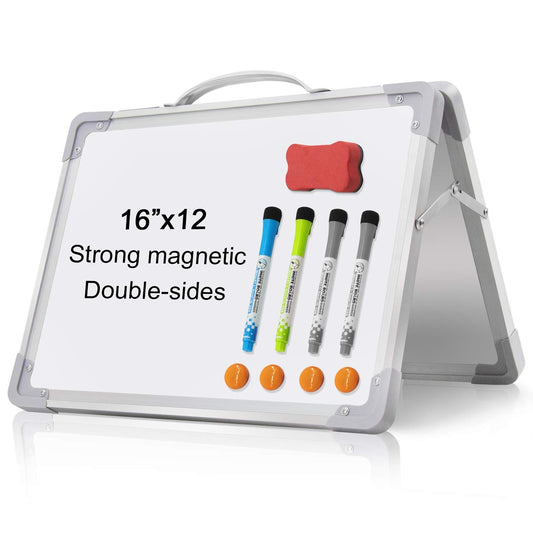 Small Dry Erase White Board - 16""x 12"" Double Sided Mini Foldable Magnetic Desktop whiteboard for Kids Drawing, Teacher Instruction and Meeting Discuss