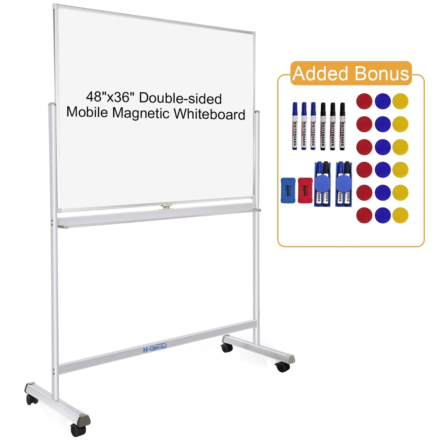 Rolling Whiteboard with Stand 48"x36" Double-Sided Mobile Magnetic Dry Erase Board on Wheels for Home, Office & School