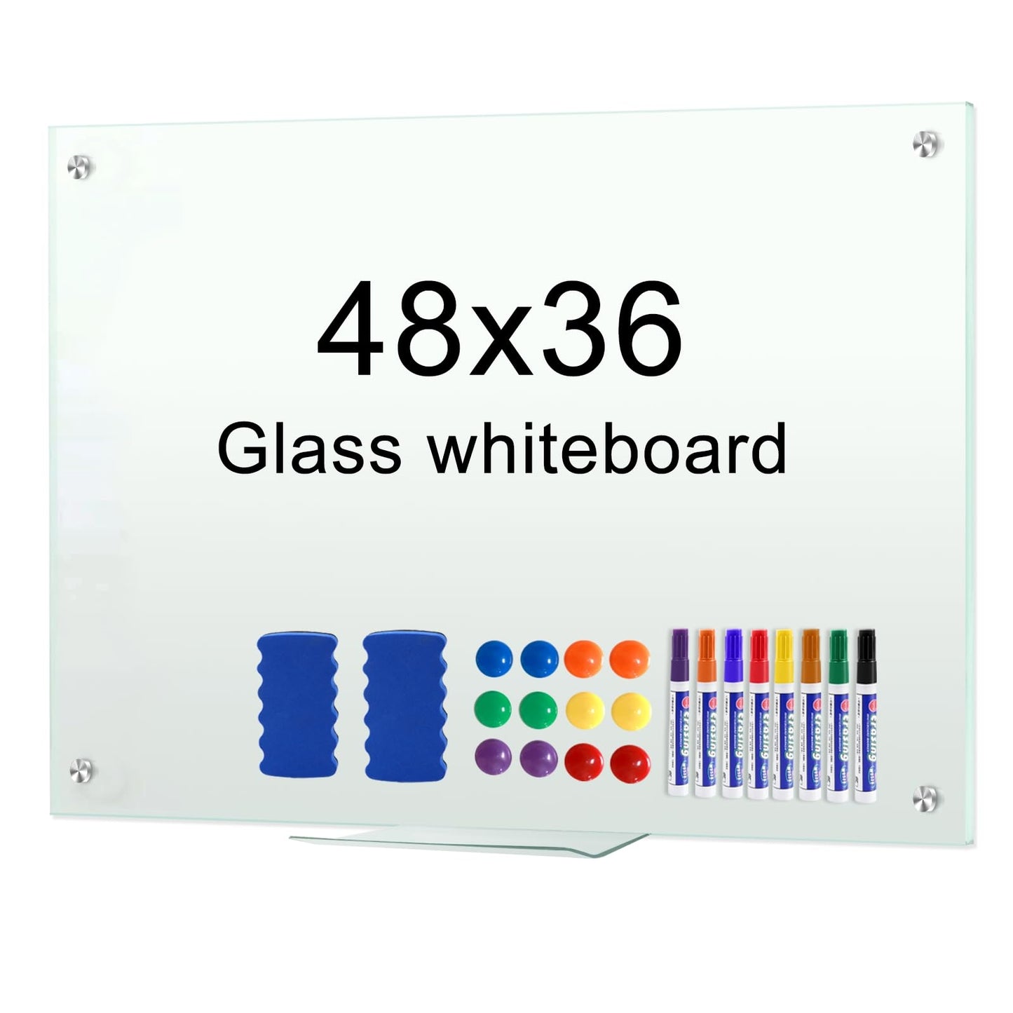 Dry Erase White Board 48"x36" Glass Magnetic Whiteboard for Wall, Includes 12 Magnets, 8 Markers and 2 Erasers