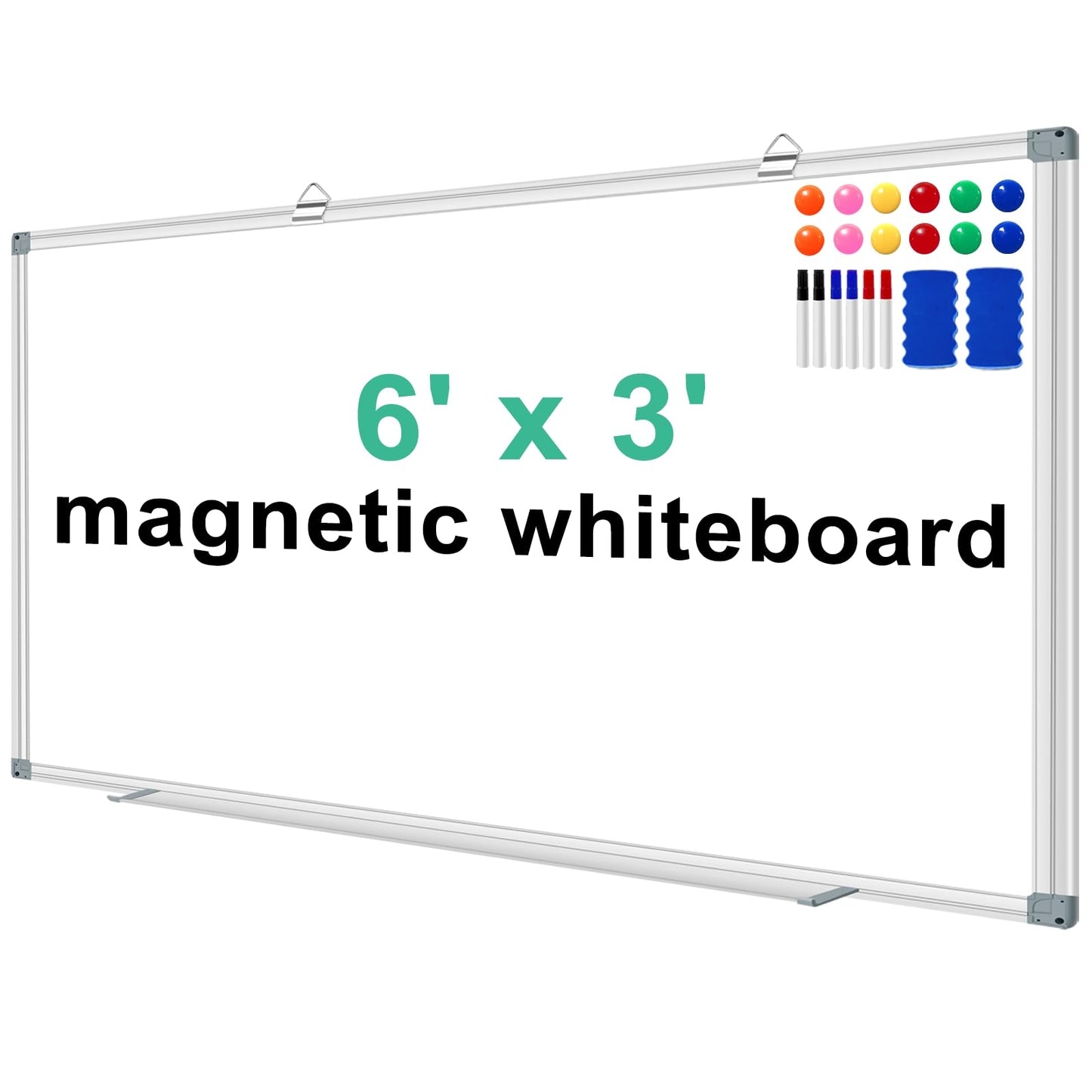 Dry Erase White Board for Wall 6' x 3' Large Magnetic Whiteboard 72"x36" Aluminum Presentation Whiteboard with Long Pen Tray, 6 Markers, 2 Erasers &12 Magnets