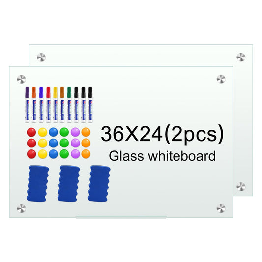 Glass White Board for Wall Dry Erase Board 36" x 24" (2pcs) Magnetic Presentation Whiteboard for Home, Office and School