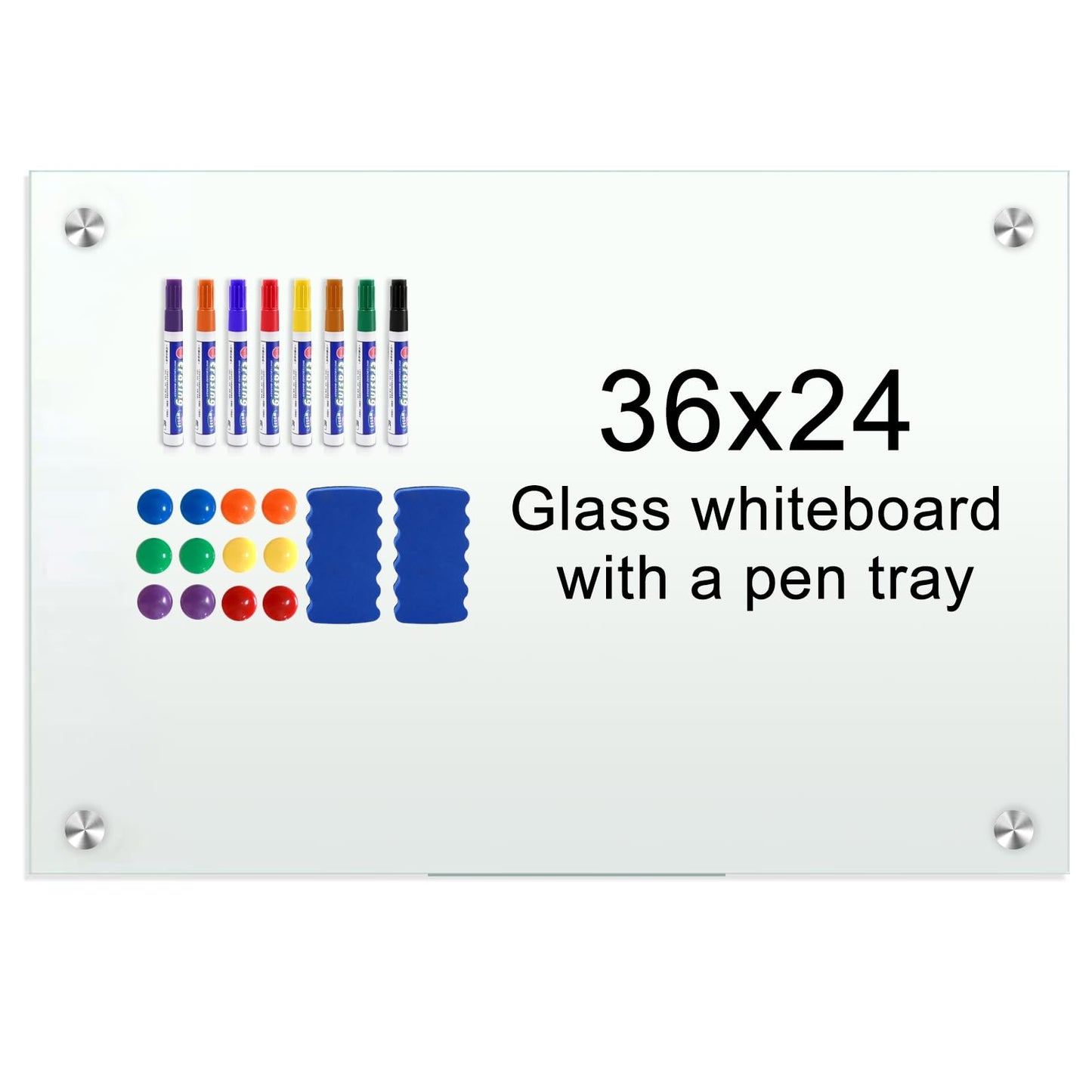 Glass Whiteboard 36"x24" Magnetic Dry Erase White Board for Wall, Includes 12 Magnets, 8 Markers and 2 Erasers