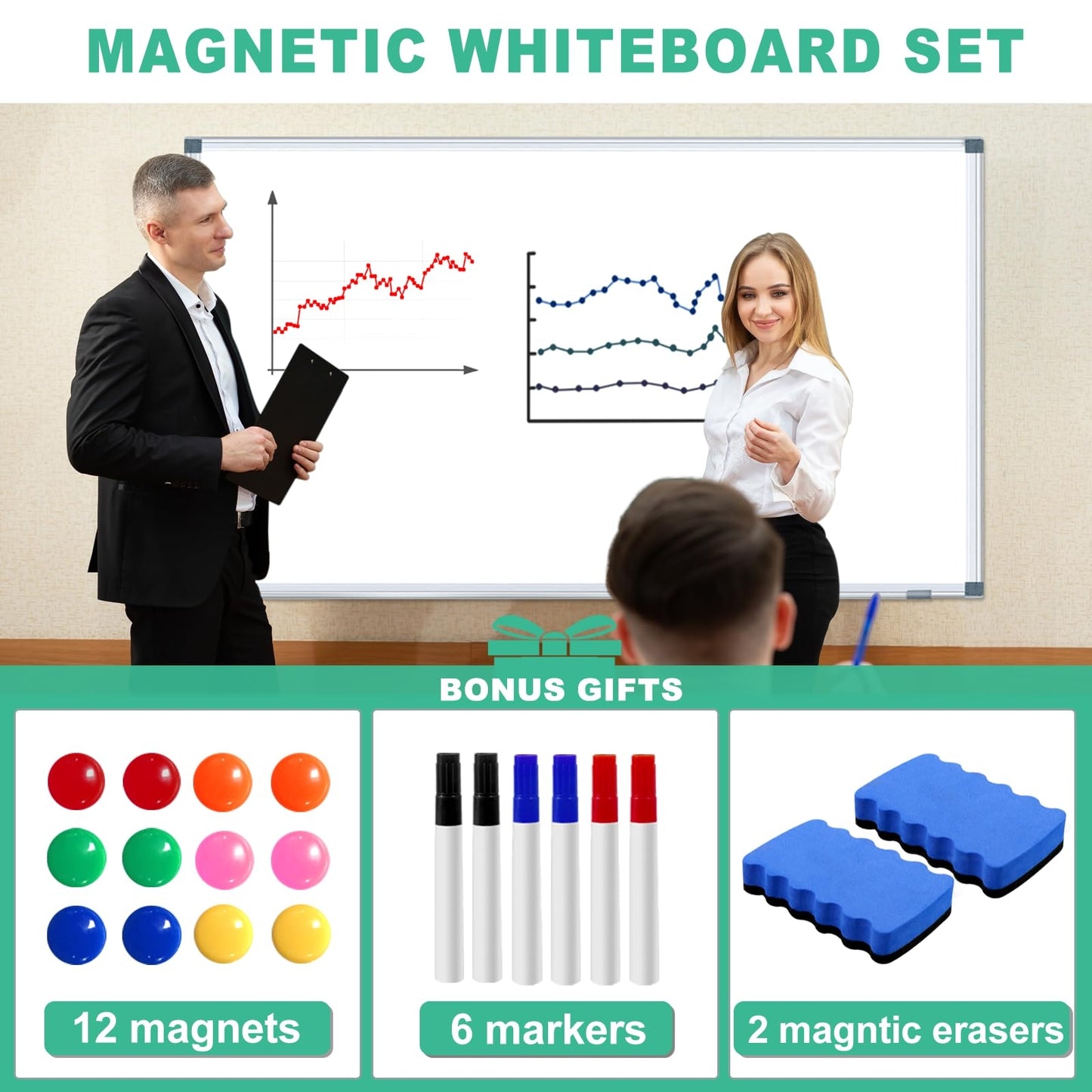 Dry Erase White Board for Wall 6' x 3' Large Magnetic Whiteboard 72"x36" Aluminum Presentation Whiteboard with Long Pen Tray, 6 Markers, 2 Erasers &12 Magnets