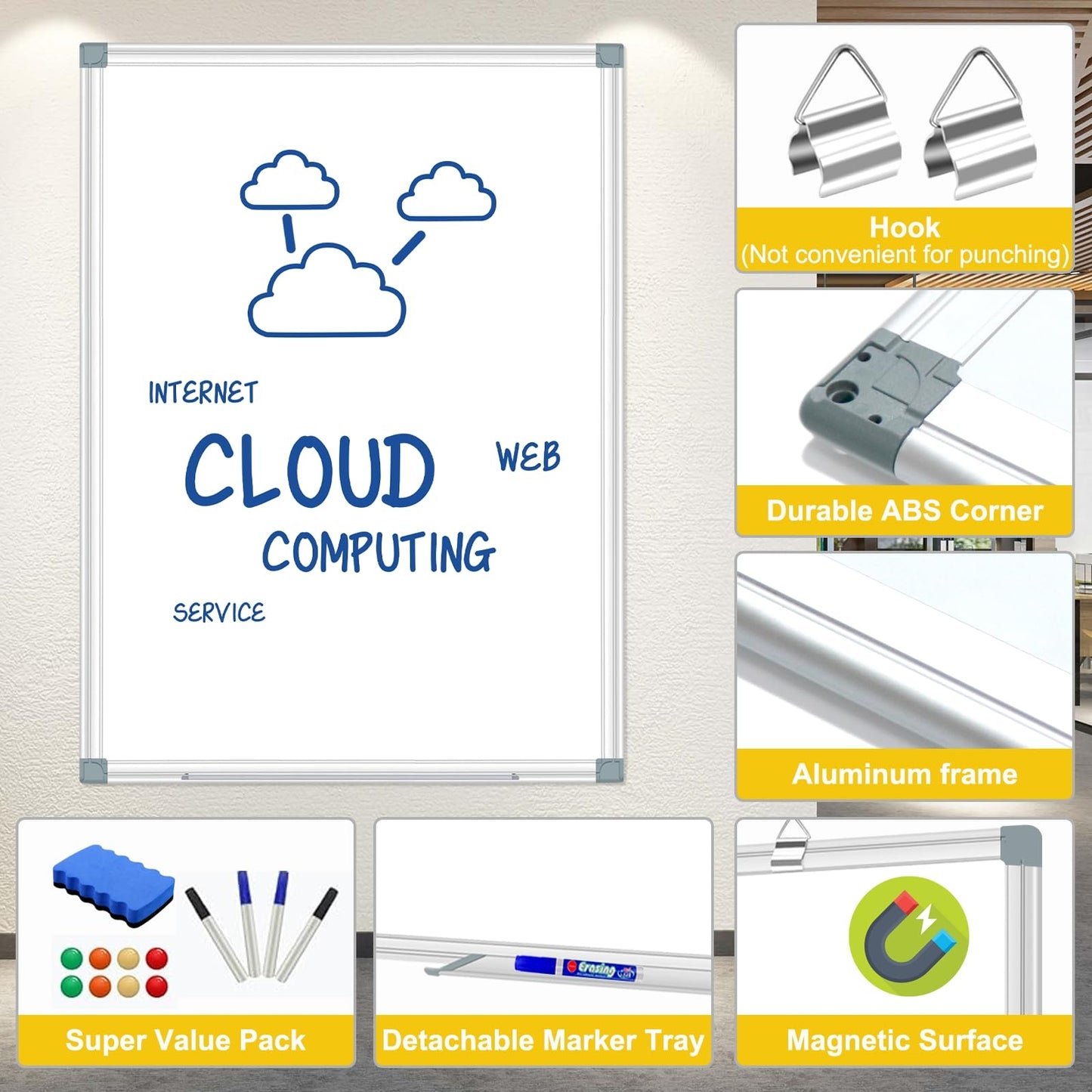 White Board Dry Erase Whiteboard for Wall 48" x 36" Aluminum Presentation Magnetic Whiteboard with Long Pen Tray, 4' X 3' Wall-Mounted White Board for School, Office and Home