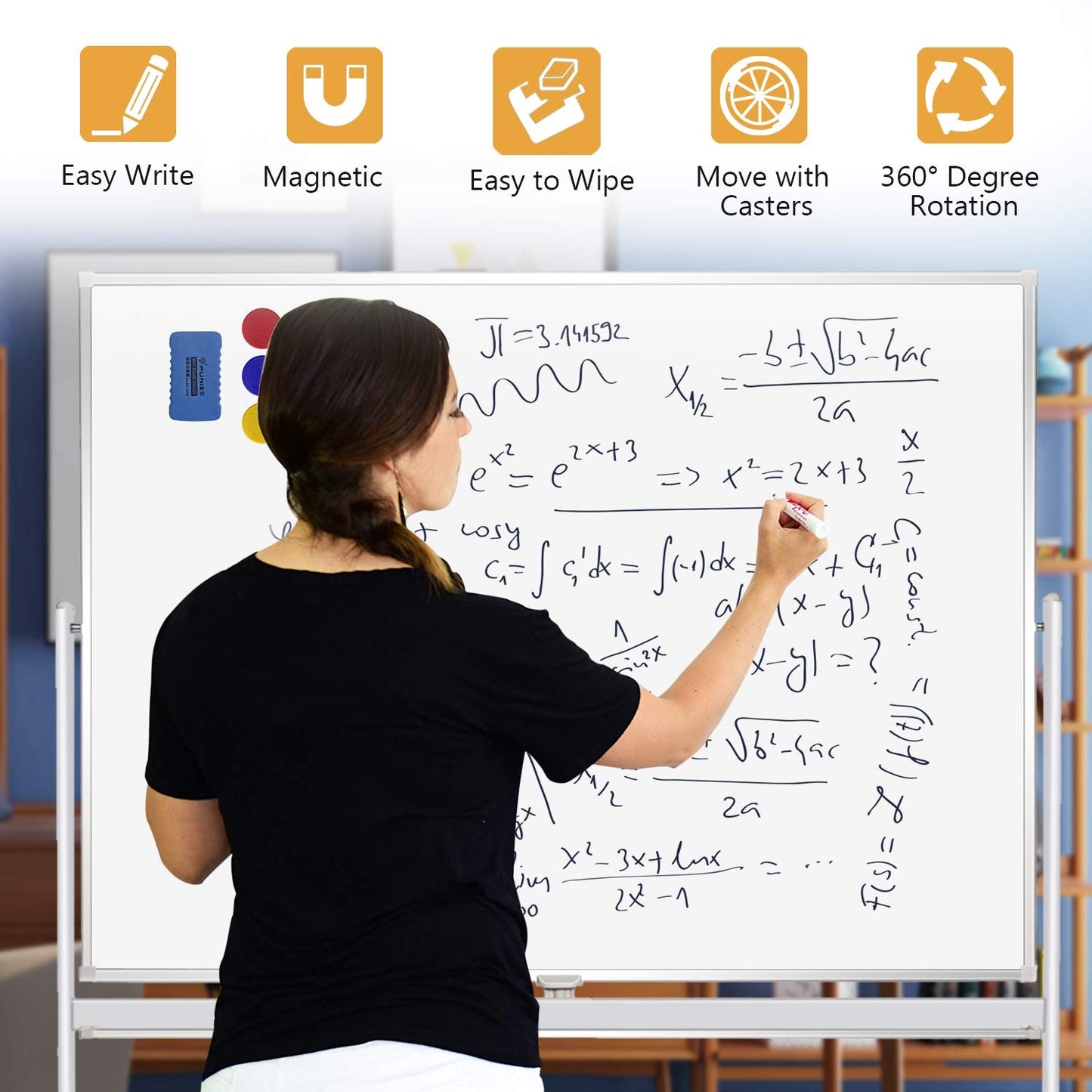 Rolling Whiteboard with Stand 48"x36" Double-Sided Mobile Magnetic Dry Erase Board on Wheels for Home, Office & School