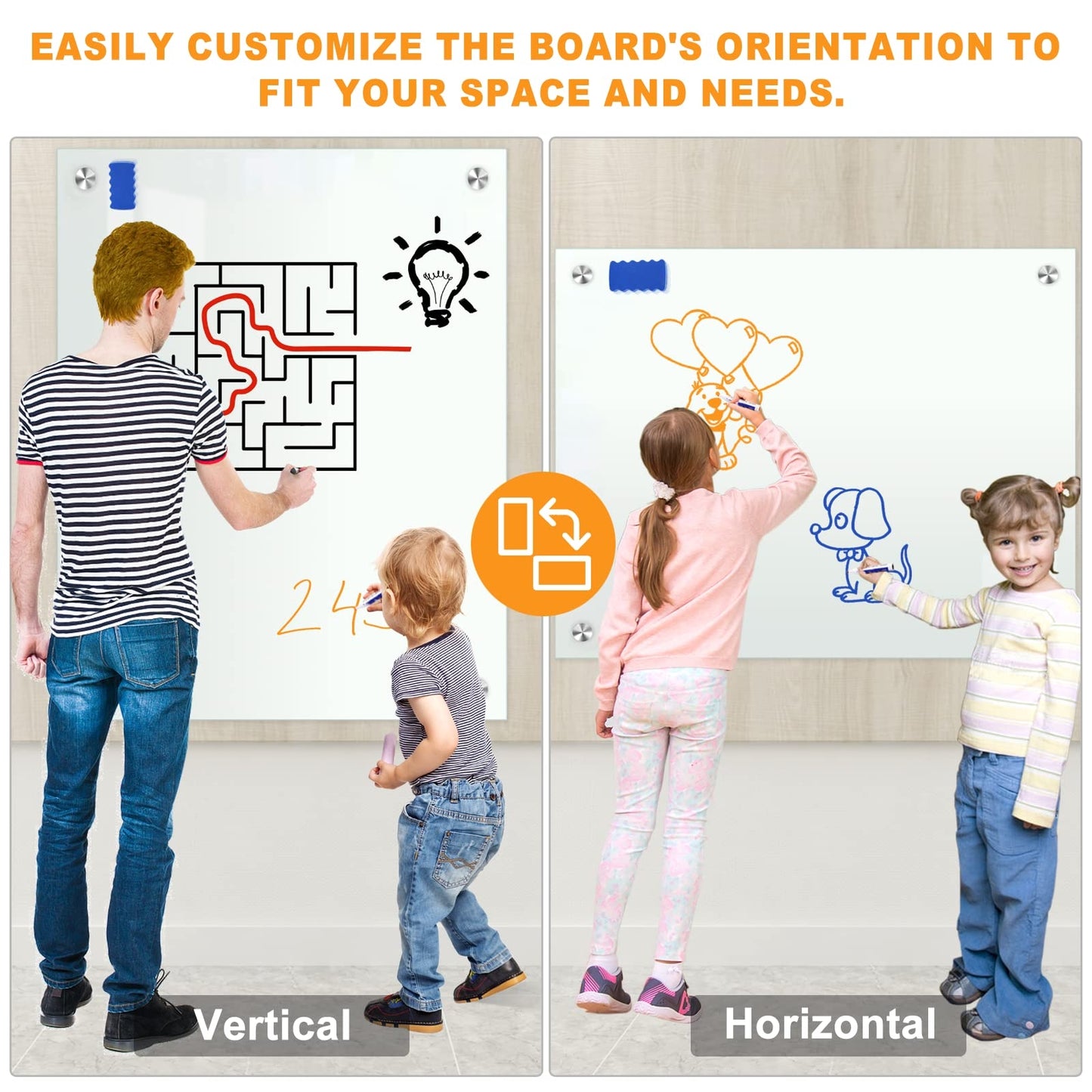 Glass Whiteboard 60"x40" Magnetic Dry Erase White Board for Wall, Includes 12 Magnets, 8 Markers and 2 Erasers