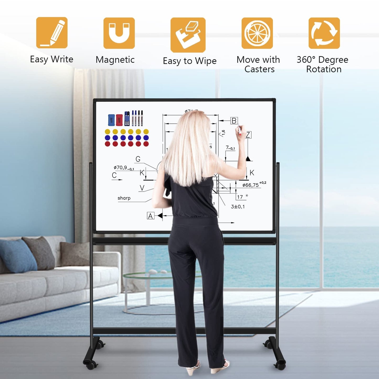 48"x36" Mobile Whiteboard Double-Sided Magnetic Dry Erase Board on Wheels - Comercial Rolling White Boards with Sturdy Stand for Home, Office & School