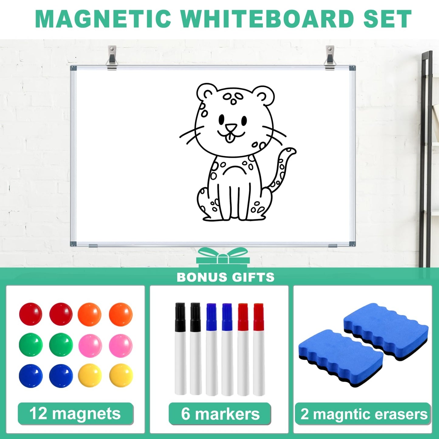 3' x 2' Magnetic Whiteboard Large Dry Erase White Board 36"x24" Aluminum Presentation Whiteboard with Long Pen Tray, 6 Markers, 2 Erasers &12 Magnets