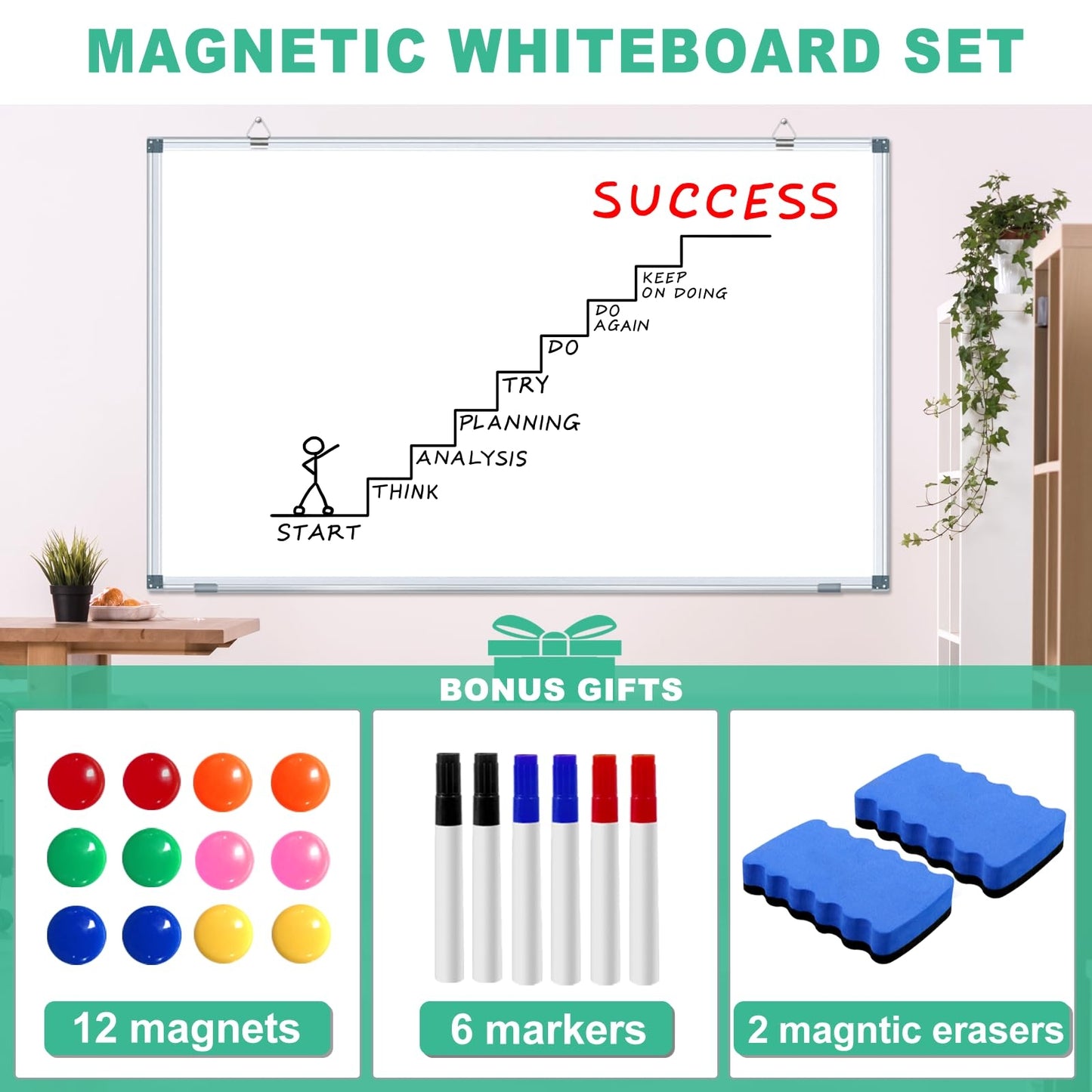 White Board Dry Erase Whiteboard for Wall 5' x 3' Magnetic Whiteboard - 60"x36" Aluminum Presentation Large Whiteboard with Long Pen Tray, 6 Markers, 2 Erasers &12 Magnets