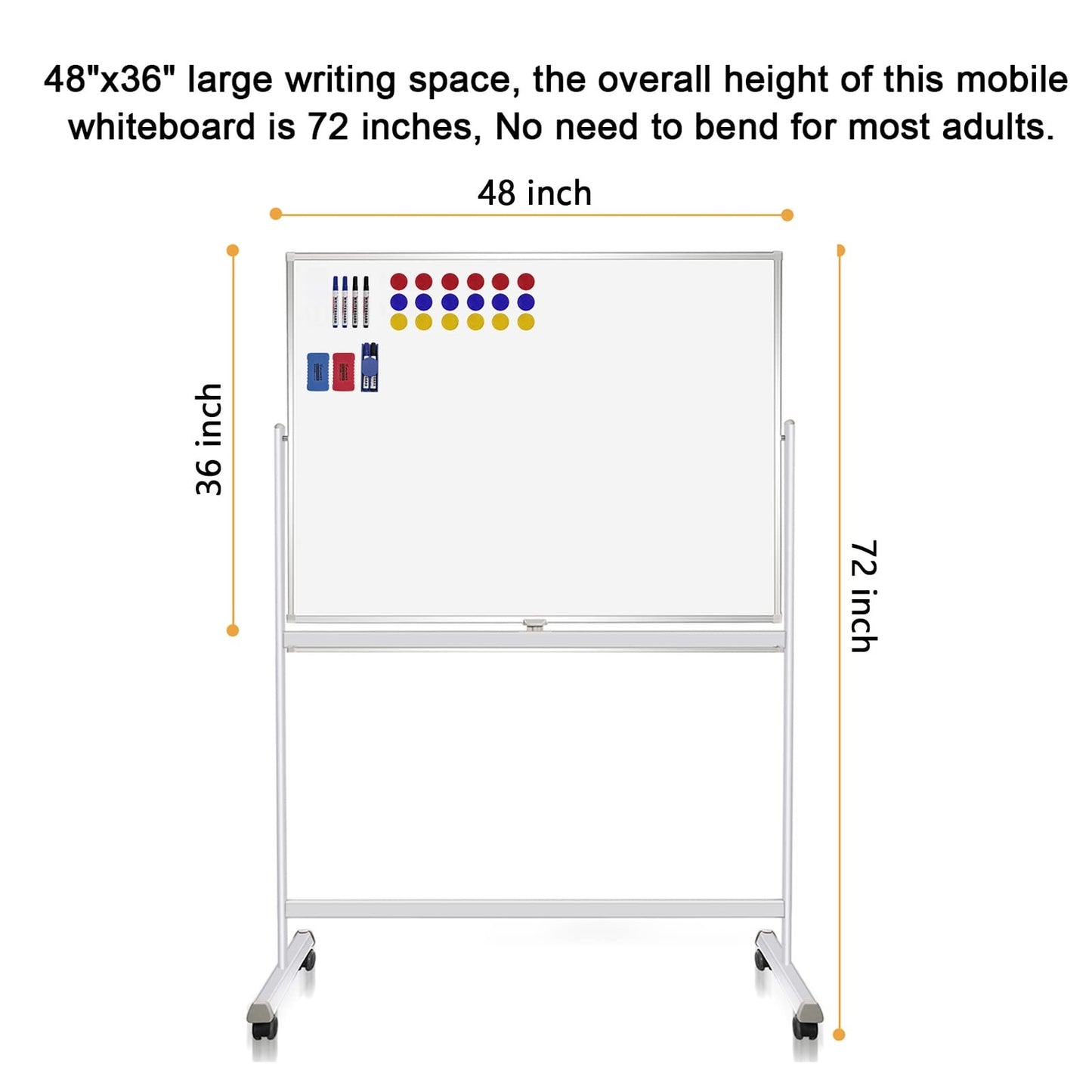 Rolling Whiteboard with Stand 48"x36" Double-Sided Mobile Magnetic Dry Erase Board on Wheels for Home, Office & School